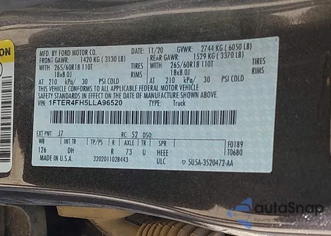 2020 Ford Ranger Lariat z USA, uszkodzony, nr VIN 1FTER4FH5LLA96520